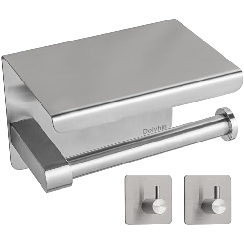 Dolvhin Klopapierhalter ohne Bohren inkl. 2 Handtuchhaken | Toilettenpapierhalter mit Ablage | Klorollenhalter selbstklebend Edelstahl | Wc Papier Halterung Badezimmer | Silber gebürstet von Dolvhin