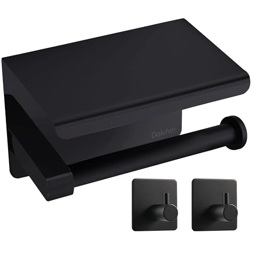 Dolvhin Klopapierhalter ohne Bohren inkl. 2 Handtuchhaken | Toilettenpapierhalter mit Ablage | Klorollenhalter selbstklebend Edelstahl | Wc Papier Halterung Badezimmer | Matt schwarz von Dolvhin