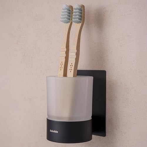 Dolvhin Zahnputzbecherhalter ohne Bohren | Milchglas Zahnputzbecher zum Kleben | Zahnbecher & Wandhalterung Zahnbürstenhalter Edelstahl | Zahnbürstenbecher & Zahnbürsten Organizer | Schwarz Matt von Dolvhin