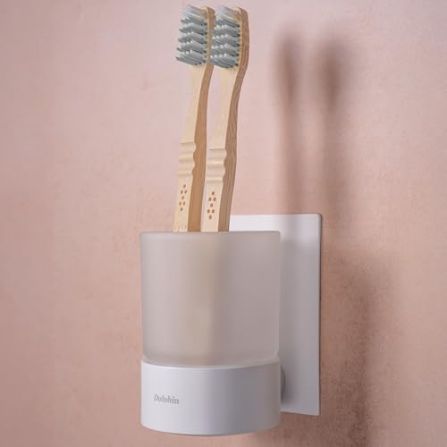 Dolvhin Zahnputzbecherhalter ohne Bohren | Milchglas Zahnputzbecher zum Kleben | Zahnbecher & Wandhalterung Zahnbürstenhalter Edelstahl | Zahnbürstenbecher & Zahnbürsten Organizer | Weiß Matt von Dolvhin