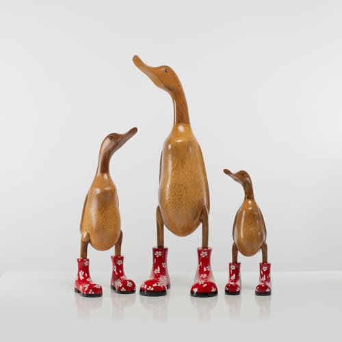 DomDeco Handgefertigte Deko-Figur Ente mit rot geblümten Stiefeln aus Holz, Set von DomDeco