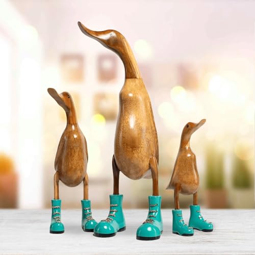 DomDeco Handgefertigte Deko-Figur Ente mit türkisfarbenen Stiefeln aus Holz, ca 35cm von DomDeco