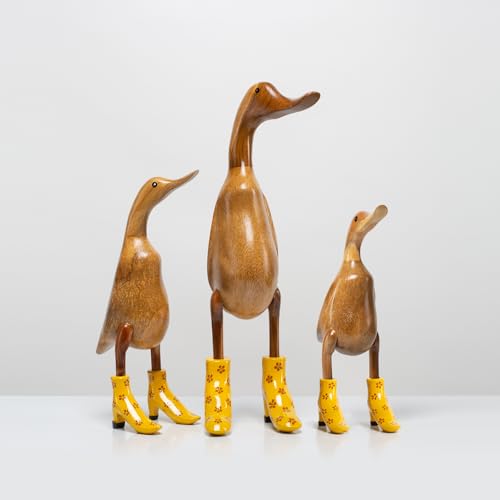 DomDeco Handgefertigte Deko-Figur aus Holz Ente mit Absatz Set Gelb geblümt von DomDeco