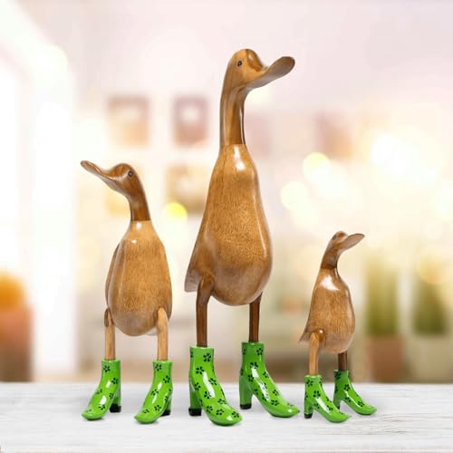 DomDeco Handgefertigte Deko-Figur aus Holz Ente mit Absatz Set Grün geblümt von DomDeco