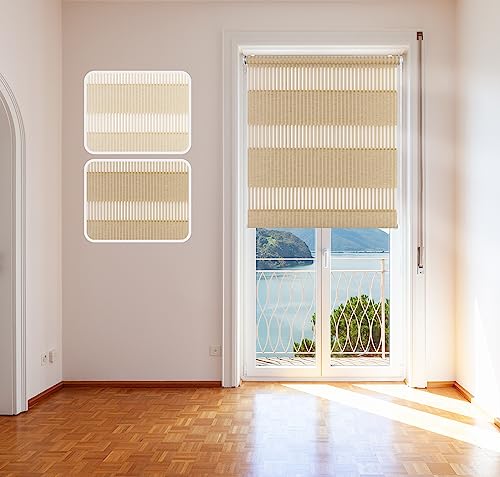 Doppelrollo Bambus, 75x150cm, Beige, mit extra Breiten Stoff-Streifen in Bambusgras-Optik, Klemm-Fix Halterung, Montage ohne Bohren, lichtdurchlässig und verdunkelnd von DomDeco