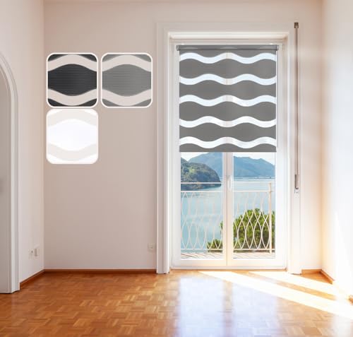 Doppelrollo Wave, Grau 70x150cm Duo-Rollo Klemm-Fix mit Klemmträger, Fenster-Rollo/Seitenzug-Rollo ohne Bohren von DomDeco