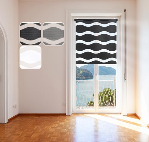 Doppelrollo Wave, Schwarz 85x150cm Duo-Rollo Klemm-Fix mit Klemmträger, Fenster-Rollo/Seitenzug-Rollo ohne Bohren von DomDeco