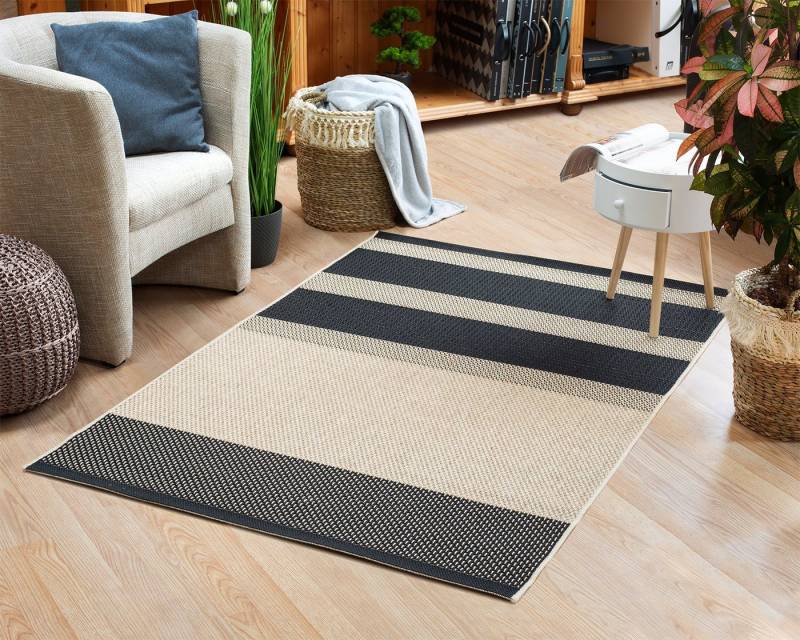 DomDeco Teppich In- & Outdoor Teppich UMAR mit Flachgewebe - wetterfest & robust für Garten/Terrasse/Balkon oder Innenräume, aus Kunstfaser, Schwarz-Beige von DomDeco