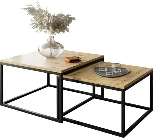 Domando Couchtisch Monterosso Industrial für Wohnzimmer Breite 70cm, pulverbeschichtetes Metallgestell in Schwarz und Artisan Eiche von Domando