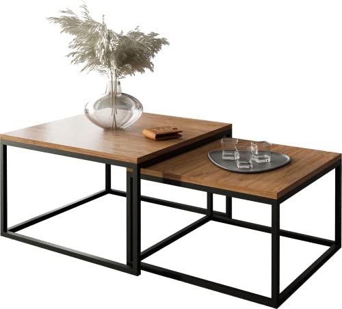 Domando Couchtisch Monterosso Industrial für Wohnzimmer Breite 70cm, pulverbeschichtetes Metallgestell in Schwarz und Eiche Stirling von Domando