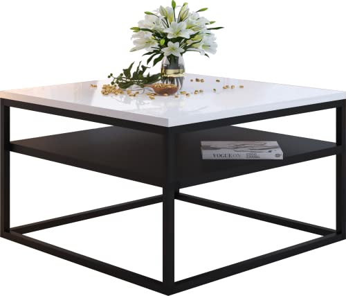 Domando Couchtisch Osimo Industrial für Wohnzimmer Breite 70cm, Hochglanz, pulverbeschichtetes Metallgestell in Schwarz und Weiß Hochglanz von Domando