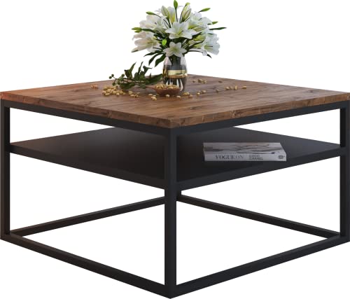 Domando Couchtisch Osimo Industrial für Wohnzimmer Breite 70cm, pulverbeschichtetes Metallgestell in Schwarz und Eiche Stirling von Domando