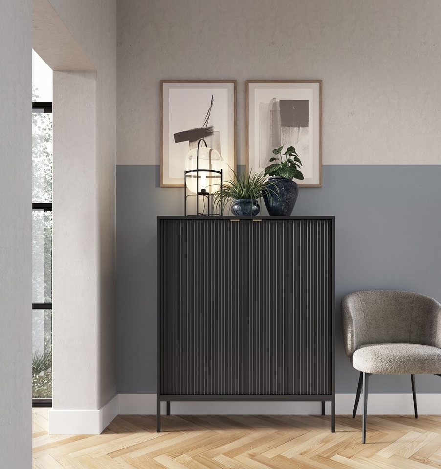 Domando Highboard Highboard Lazise, Breite 104cm, gefräste Fronten, Metallgestell, goldfarbene Griffe von Domando