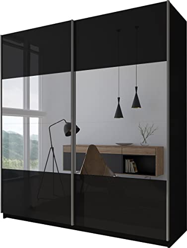 Domando Kleiderschrank Sila Modern für Schlafzimmer Breite 194cm, Schwebetüren, Hochglanz, Spiegel in Schwarz Matt und Schwarz Hochglanz mit Spiegel von Domando