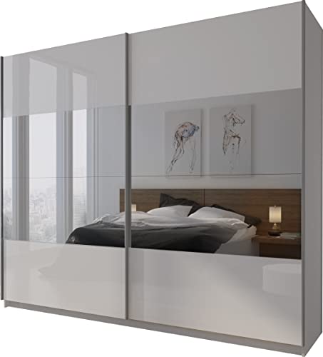 Domando Kleiderschrank Sila Modern für Schlafzimmer Breite 244cm, Schwebetüren, Hochglanz, Spiegel in Weiß Matt und Weiß Hochglanz mit Spiegel von Domando