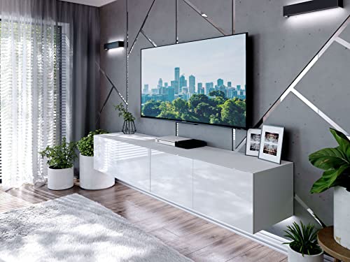 Domando Lowboard Imperia 200 Modern für Wohnzimmer Breite 200cm, variabel hängbar, Push-to-Open-System, Hochglanz in Weiß Matt und Weiß Hochglanz von Domando