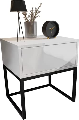 Domando Nachttisch Corvara Modern für Schlafzimmer Breite 45cm, schwarzes Metallgestell, Push-to-Open-System in Weiß Matt und Weiß Hochglanz von Domando