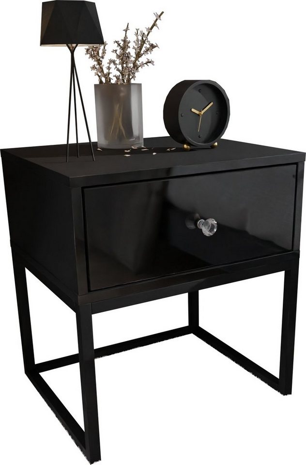 Domando Nachttisch Nachttisch Corvara, Breite 45cm, schwarzes Metallgestell, Kristallgriff von Domando