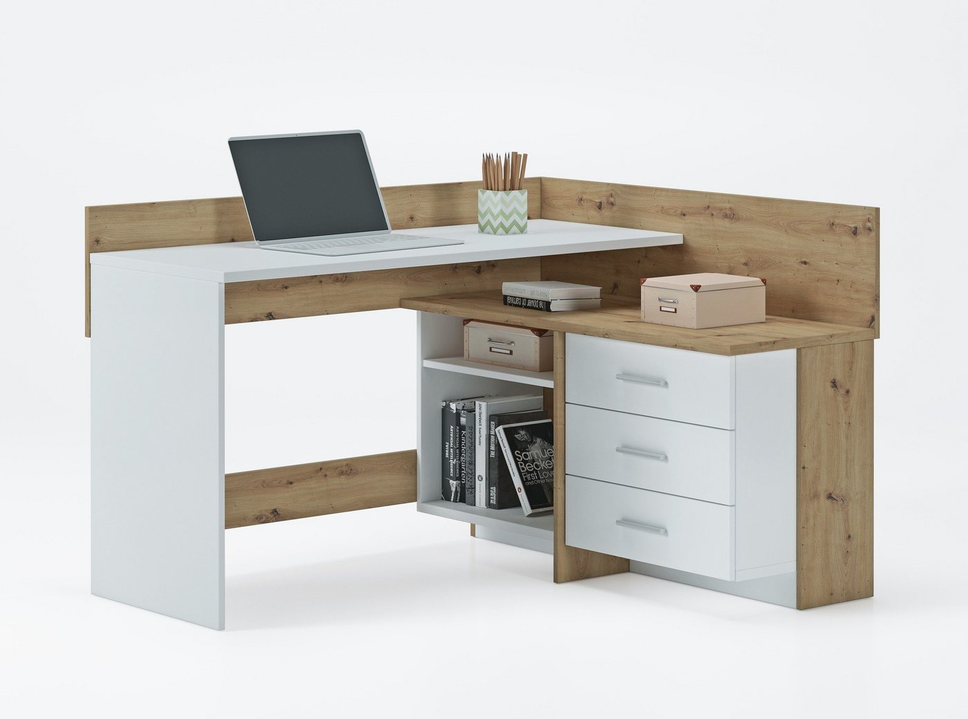 Domando Schreibtisch Schreibtisch Maiori in Artisan Eiche und Weiß Matt, Breite 130cm, zwei Arbeitsflächen in Kontrastfarben von Domando