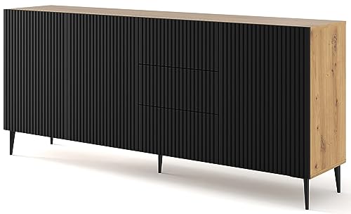 Domando Sideboard Moneglia M2 Klassisch Breite 200cm, Push-to-Open-Funktion, besondere Fräsoptik, Schwarze Füße in Artisan Eiche und Schwarz Matt von Domando