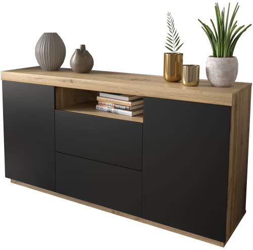 Domando Sideboard Ravello M1 Modern für Wohnzimmer Breite 164cm, Push-to-Open-System in Wotan Eiche und Schwarz Matt von Domando