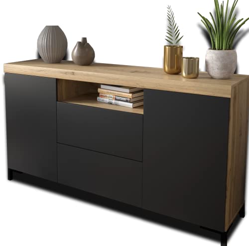 Domando Sideboard Ravello M2 Modern für Wohnzimmer Breite 164cm, Push-to-Open-System, hohe Schwarze Füße in Wotan Eiche und Schwarz Matt von Domando