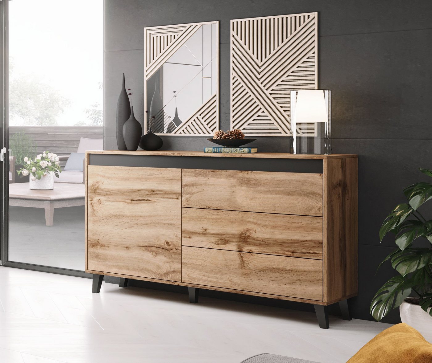 Domando Sideboard Sideboard Carovigno in Wotan Eiche und Anthrazit, Breite 138cm, schicker Kontraststreifen, Push-to-open-Funktion von Domando