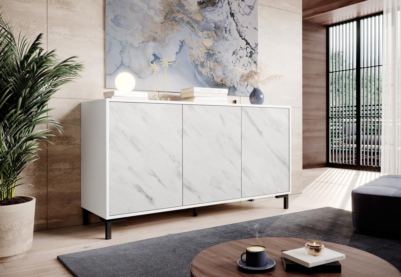 Domando Sideboard Sideboard Chioggia, Breite 150cm, Front in Marmornachbildung, Push-to-open-Funktion von Domando