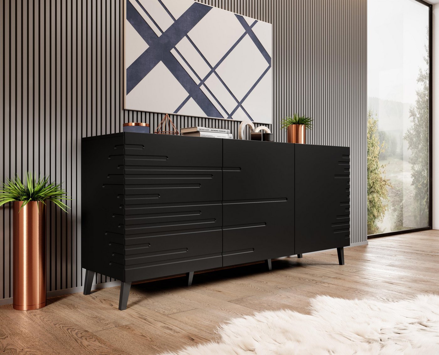 Domando Sideboard Sideboard Cilento, Breite 155cm, modern gefräste Fronten und Seiten von Domando