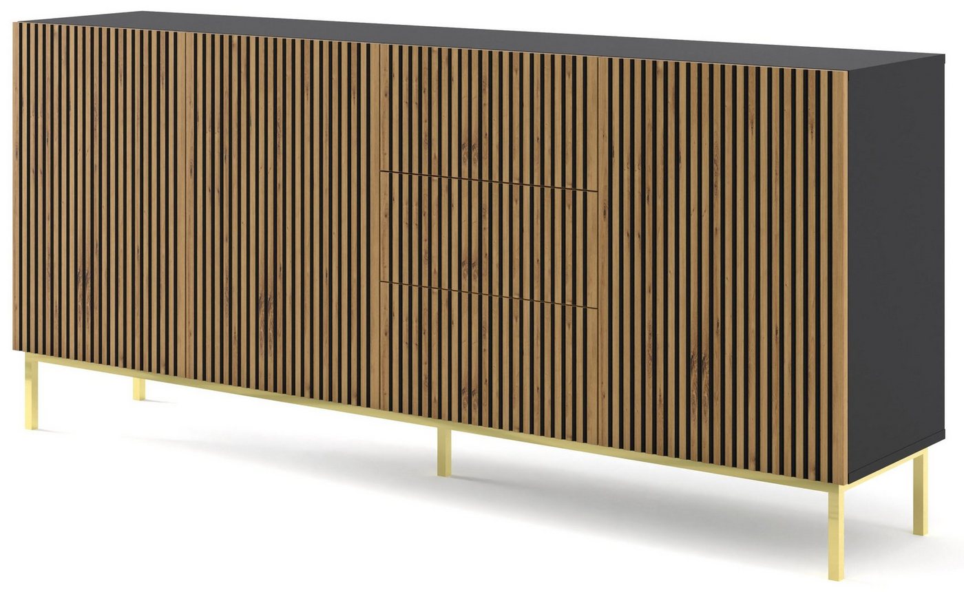 Domando Sideboard Sideboard Montegrotto, Breite 200cm, Push-to-open, besondere Fräsoptik, goldenes Gestell von Domando