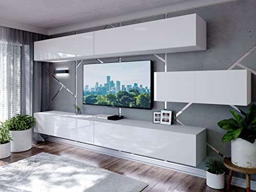 Domando Wohnwand Imperia M3 Modern für Wohnzimmer Breite 350cm, variabel hängbar, Push-to-Open-System, Hochglanz in Weiß Matt und Weiß Hochglanz von Domando