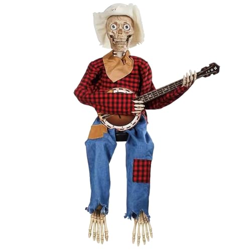 Unheimliches animiertes Banjo-Skelett, Sammlerstück, lustiger Cowboy-Schädel, Statue, mehrsprachiges Banjo-Skelett, lustiges animiertes Skelett von Domasvmd