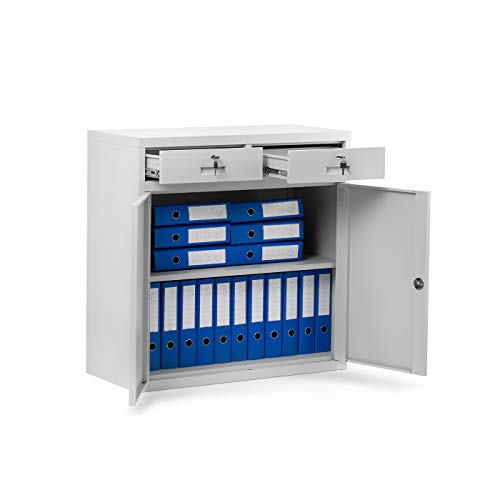 Domator Kleiner Aktenschrank C17B Büroschrank mit 2 Schubladen Flügeltüren Metallschrank Pulverbeschichtet Metall Abschließbar 90 cm x 90 cm x 40 cm (Grau) von Domator