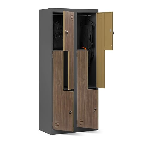 Domator Umkleideschrank Z02 Spind mit 4 Abteilen Kleiderspind Metallschrank Flügeltür Lüftungsschlitzen Pulverbeschichtung 185 cm x 80 cm x 45 cm (Anthrazit-Holzoptik) von Domator