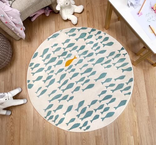 Domdeco Kinderteppich mit Fisch-Motiv - kuschelig weicher Kurzflor für Kinderzimmer von Jungen/Mädchen/Babys - Ø120 cm in Creme/Hellblau von Domdeco