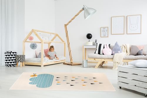 Domdeco Baby- & Kinderteppich YLVIE, 7,5mm hoher Kurzflor, mit Vogel & Wolke Motiv, für Baby-/Kinder-/Spielzimmer, aus Kunstfasern, Beige in 120x170cm von Domdeco