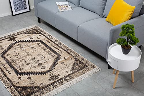 Domdeco Fransenteppich LUIS im Ethno-Stil - flexibel & faltbar für Wohnzimmer/Schlafzimmer/Esszimmer, recycelte Baumwolle und Kunstfaser, Beige-Schwarz in 80 x 150 cm von Domdeco