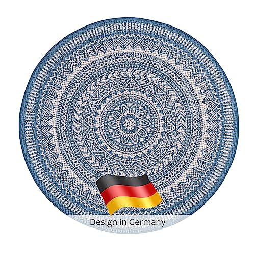 DomDeco In- und Outdoor-Teppich Rund - 120x120cm - Stilvoller Teppich für Innen- und Außenbereich - Blau-Beige von DomDeco