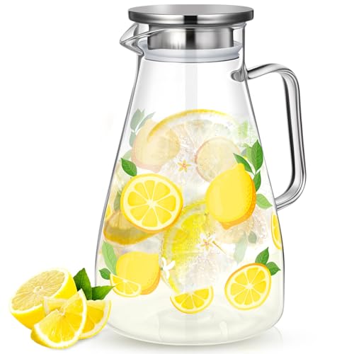 Domensi 2,097.9 g / 2200ml Glaskrug mit Deckel Wasserkrug mit Griffen Getränk Wasser Glas Krug Heiß- und Kältebeständig Karaffe für Tee Saft Milch Kaffee Eisgetränk (Zitrone) von Domensi