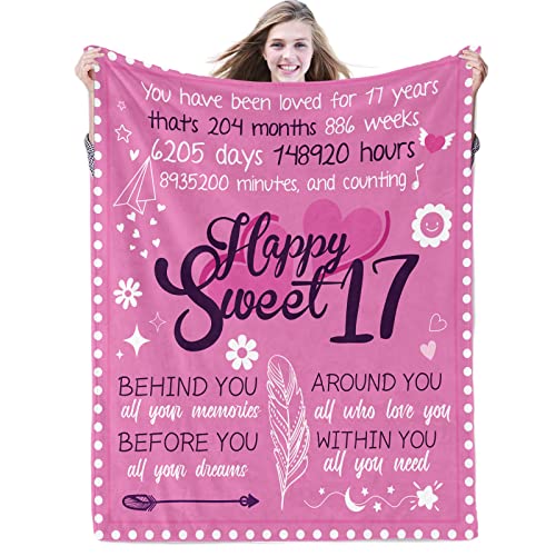 17. Geburtstag Geschenke für Mädchen Happy Sweet 17 Decke Geschenke 17 Jahre alt Flanell Fleece Überwurf Decken für Töchter, Schwestern, Nichten, Bestie, 17., 130x152 cm von Domgoge