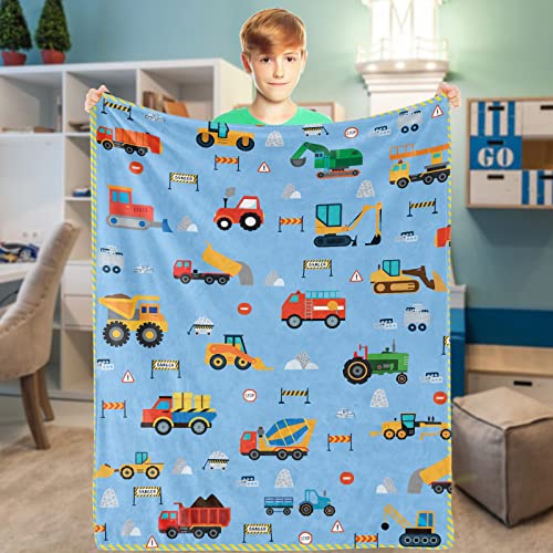 Bagger Decke Kinder Fahrzeug Kuscheldecke Kinder Jungen Bagger Blau Decke Construction Vehicle Weich Flanell Plüsch Fleece Wohndecke LKW Traktor für Kleinkind Geburtstagsgeschenke Sofa Bett, 101x127cm von Domgoge