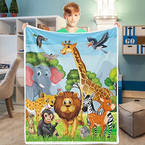 Decke Dschungel Kinder Dschungel Safari Kuscheldecke Tiere Weich Flanelldecke Elefant Giraffe Warm Plüsch Fleece Wohndecke Waldtiere für Kleinkind Jungs Mädchen Geburtstagsgeschenke Krippe 101x127cm von Domgoge