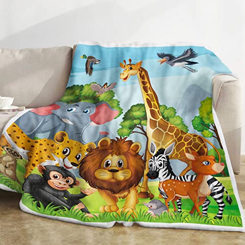 Domgoge Dschungeltier-Decke, Dschungeltier-Fleecedecke für Kinder, weiche, gemütliche Flanell-Dschungel-Überwurfdecke mit Giraffen-Elefanten-Löwen-Druck, flauschige Safari-Zoo-Decke für Teenager-Mädch von Domgoge