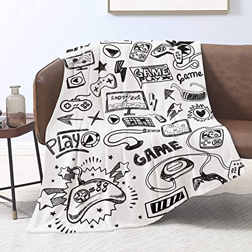 Gaming Geschenke für Junge Kinder Geburtstag Videospiel Gamepad Kuscheldecke Flauschig Flanell Fleecedecke Decke Game Jugendliche Jungen Graffiti Spieler Wohndecke für Sofa, Weiß, 150cm x 200cm von Domgoge