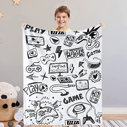 Gaming Kuscheldecke Videospiel Gamepad Geschenke für Junge Kinder Geburtstag Flauschig Flanell Fleecedecke Decke Game Jugendliche Jungen Graffiti Spieler Wohndecke für Sofa, Weiß, 101cm x 127cm von Domgoge