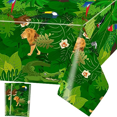 Grüne Tropisch Tischdecke Safari Tiere Tischdecken Dschungel Tischtuch Rechteckige Wasserdicht Palmenblätter Tiere Motiv Sommer Kinder Geburtstag Party Dekoration, 137 x 274cm, 2 Stück von Domgoge