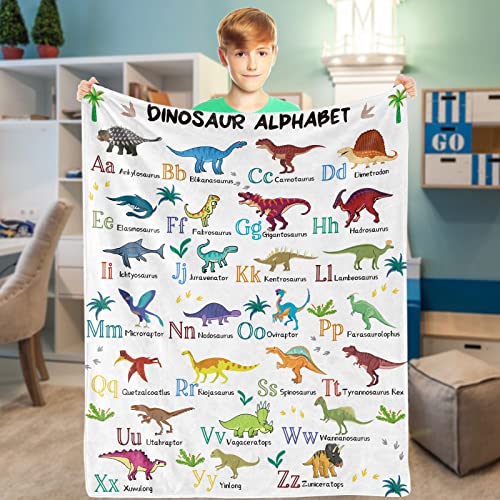 Kuscheldecke Dinosaurier Kinder, Dino Alphabet Decke, Weich Flanelldecke Dinosaurier Warm Plüsch Fleece Wohndecke Jurassic Dino Thema für Kleinkind Jungs Mädchen Geburtstagsgeschenke Krippe, 101x127cm von Domgoge