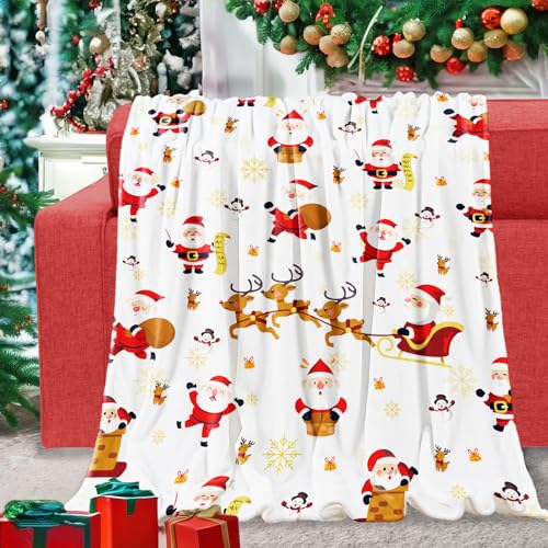 Kuscheldecke Weihnachten Decke mit Weihnachtsmann Elch Rentier Weich Warm Plüsch Merry Christmas Flanell Fleece Wohndecke für Xmas Weihnachts Geschenke Winterurlaub Party Couch Bett Deko, 130x152cm von Domgoge