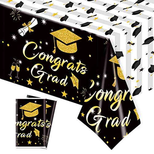 Party Tischdecke Abwaschbar 2 Stück 54*108 Zoll Schwarz Gold Abschluss Tischdecke Einweg PVC Plastic Tablecloths Wiederverwendbar Wasserdicht Congrats Grad Class of 2023 Party Tischdecken Dekoration von Domgoge