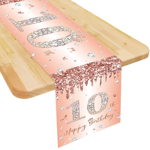 Tischläufer 10. Geburtstag Mädchen Roségold Happy 10th Birthday Tischband zum 10. Geburtstag Ihr Geburtstag Jahrestag Feier Party Dinner Tisch Leinen Tuch Tischdecke Deko für Zuhause, 180x35 cm Lang von Domgoge